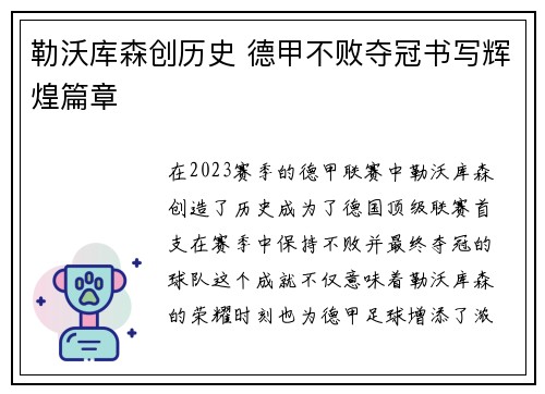 勒沃库森创历史 德甲不败夺冠书写辉煌篇章