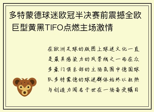 多特蒙德球迷欧冠半决赛前震撼全欧 巨型黄黑TIFO点燃主场激情