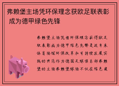 弗赖堡主场凭环保理念获欧足联表彰 成为德甲绿色先锋