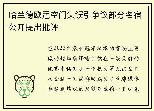哈兰德欧冠空门失误引争议部分名宿公开提出批评