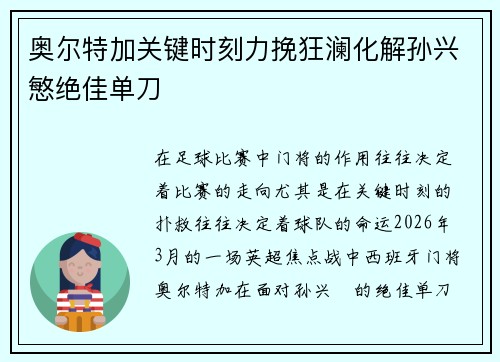 奥尔特加关键时刻力挽狂澜化解孙兴慜绝佳单刀 奥尔特加关键时刻力挽狂澜化解孙兴慜绝佳单刀
